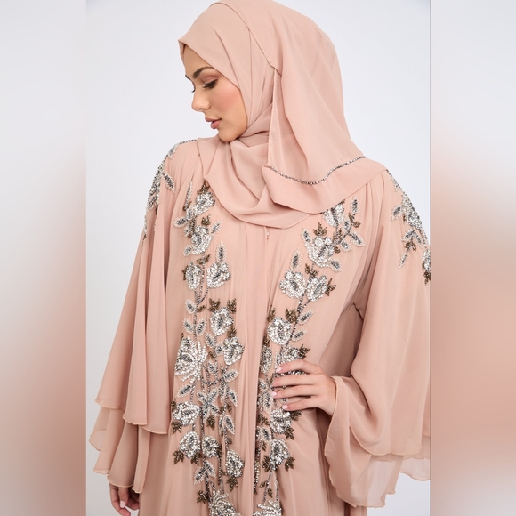 Luxury Almond Nude Floral Embellished Layered Open Abaya